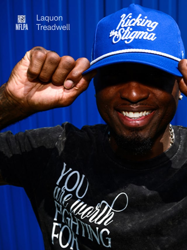 Laquon Treadwell models a "Kicking the Stigma" cap and T-shirt from the Limited Edition Collection, available at the Colts Pro Shop.